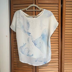Zara White Blouse with Light Blue Watercolor Cat Motif Small Animal Print